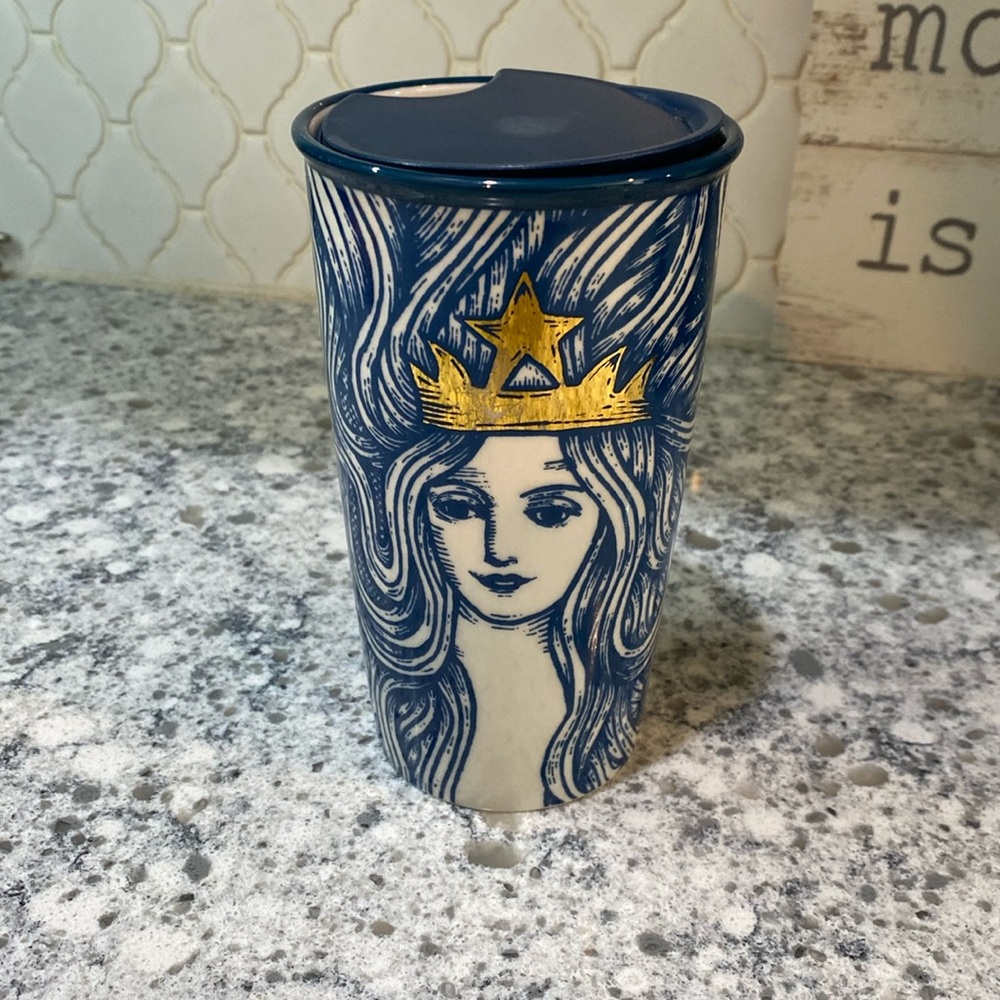 Starbucks 2016 Limited Edition Anniversary Siren Gold Crown Tumbler With Lid EUC